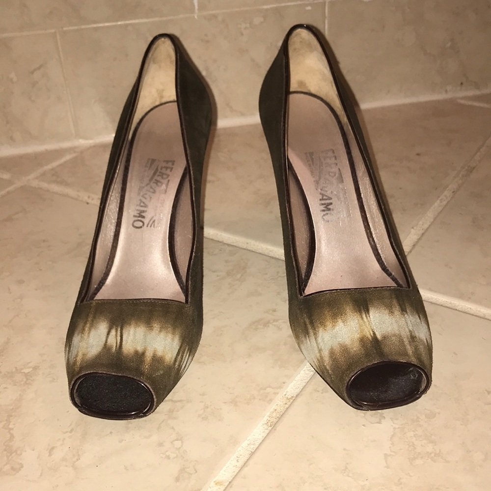 Authentic Ferragamo olive suede open toe heel